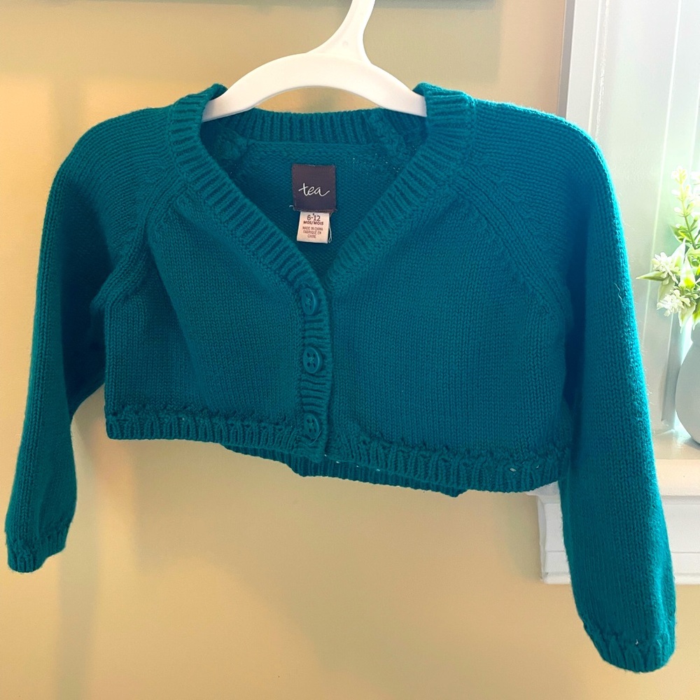 Tea Collection Baby Girl Cropped Teal Cardigan Sweater Size 6-12 Months